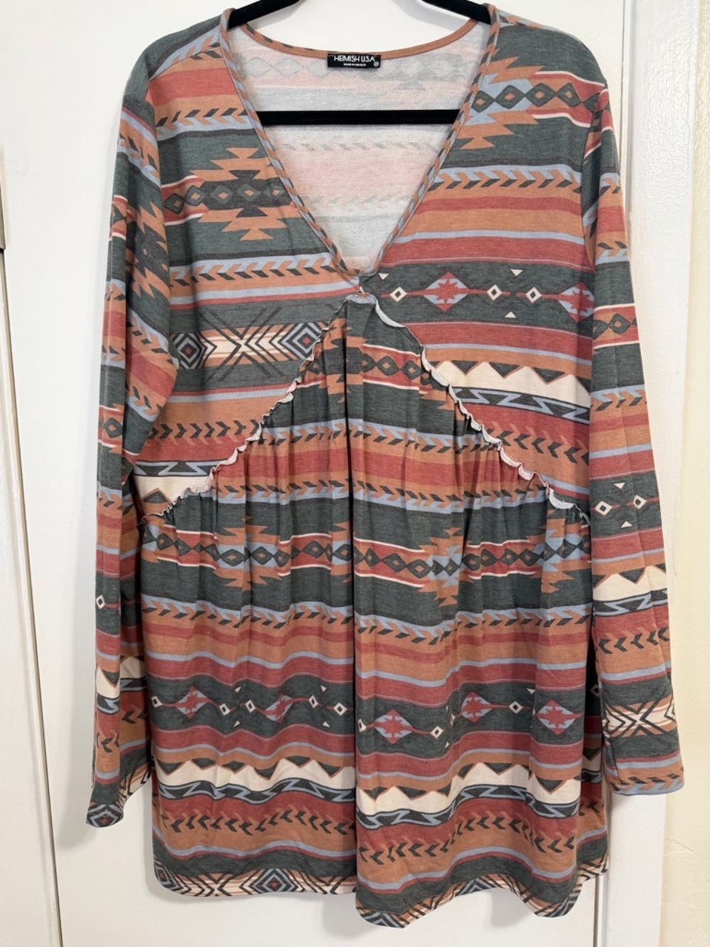 HEIMISH USA Aztec-Stripe V‑Neck Babydoll Tunic